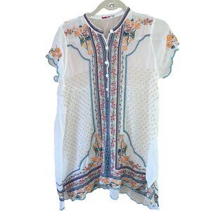 Johnny Was Womens Top Size Small White Moji Embroidered Tunic Floral Bohemian